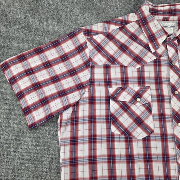 Wrangler Wrancher Shirt Mens XLT Red White Blue Plaid Pearl Snap Western Rodeo - Picture 8 of 15